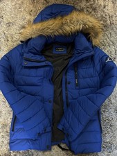 Superdry Women’s Blue Hooded Puffer Jacket Faux Fur Trim Full Zip Size S