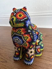 CHROMA aka Rick Wolfryd Original Mixed Media Huichol Sculpture CAT WITH 9 LIVES