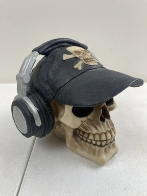 Human Skull With Headphones Baseball Cap Piggy Bank  Figurine Gothic Music Decor