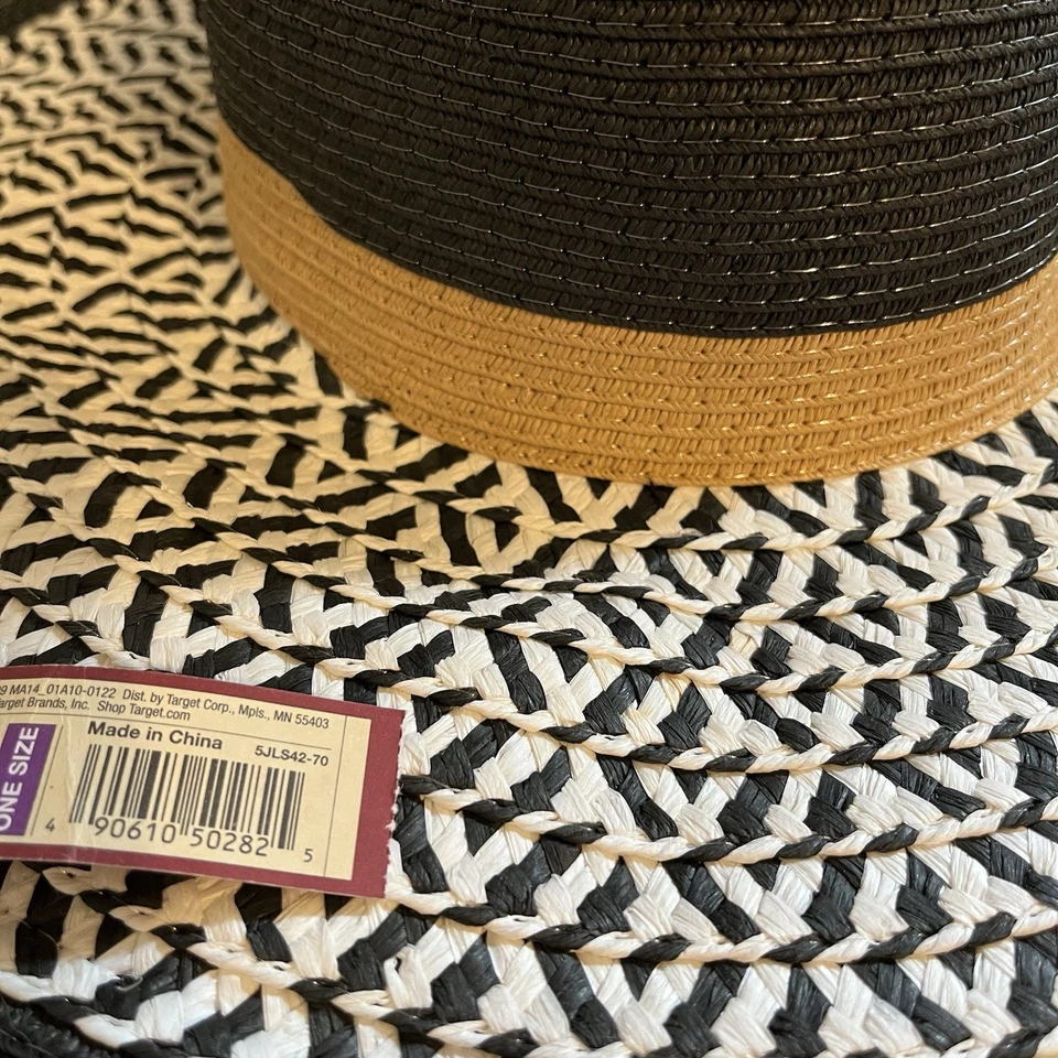 NWT One Size Wide Brim Sun Hat Black White Tan Straw Floppy Boho Summer Cruise - Image 3 of 4