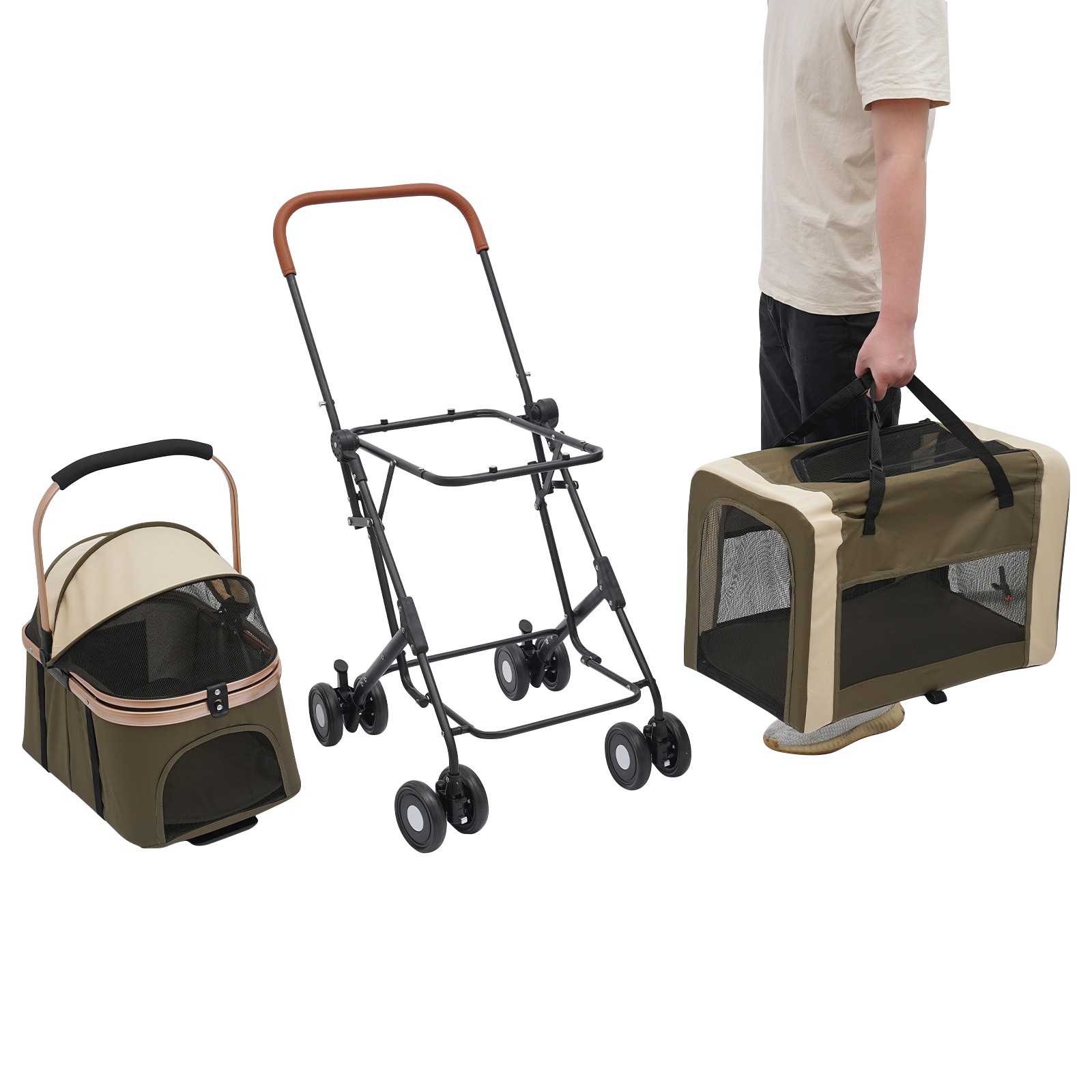 Two-Tier Foldable Dog & Cat Stroller with 300D Oxford Fabric & Steel Frame 77lb