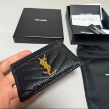 Saint Laurent Card Wallet Black Gold YSL Logo Leather Women’s Purse