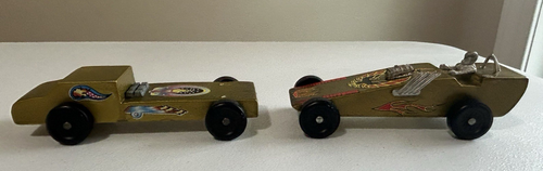 Lot de 2 voitures derby vintage en pinwood voitures de course dorées personnalisées construites à la main roues BSA - Photo 2/10