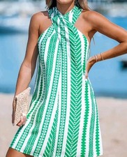 NWT CUPSHE Boho Minj GREEN AND WHITE Striped Halter Neck Dress Size Medium