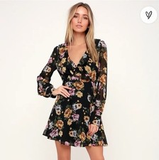 Lulus Love Abound Black Floral Print Long Sleeve Ruffled Mini Dress Sheer Size M
