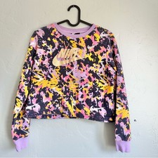 Nike  Girls Pink Purple Paint Splatter Gold Swoosh Cropped Sweatshirt Size XL