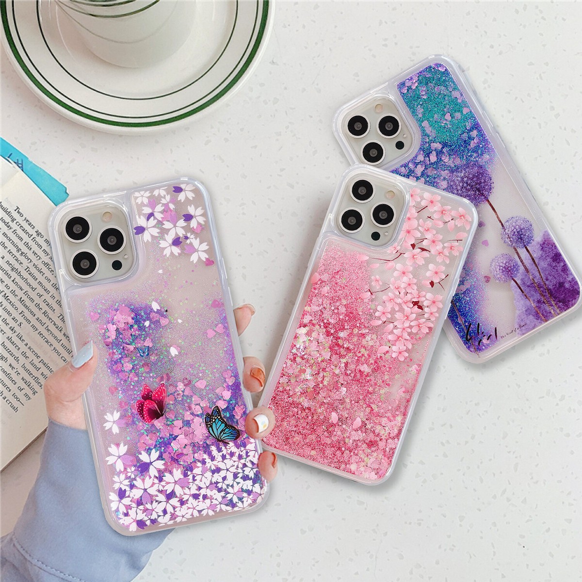 Floral Moving Liquid Glitter Case Phone Cover For iPhone 15 14 13