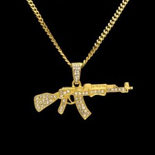 Collana con pendente MITRA kalashnikov GOLD con STRASS UOMO Moda AK-47 Fucile