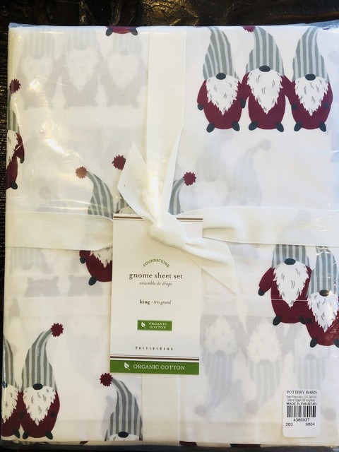Pottery Barn Gnome Organic King Size Sheet Set Holiday Christmas