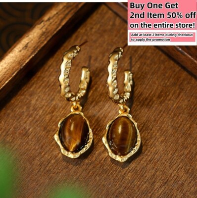 Tiger's Eye Gemstone Earrings 18K Gold Plated Drop Dangle Teardrop Boho Style
