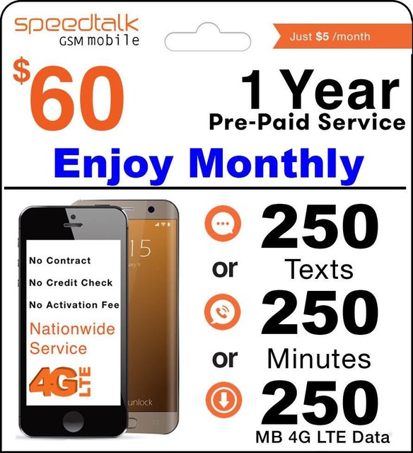 1 Year Prepaid Wireless Plan No Contract 12 Months Package GSM SIM