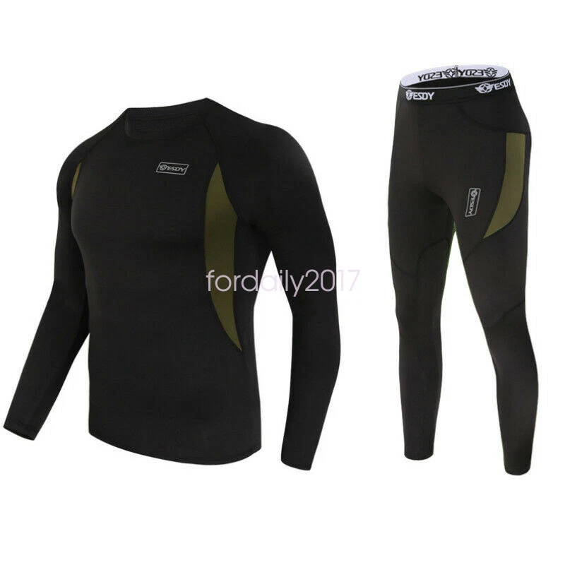 Men Sport Thermal Underwear Set Quick Dry Anti-friction Top Pants Base Layer - Image 3 of 4