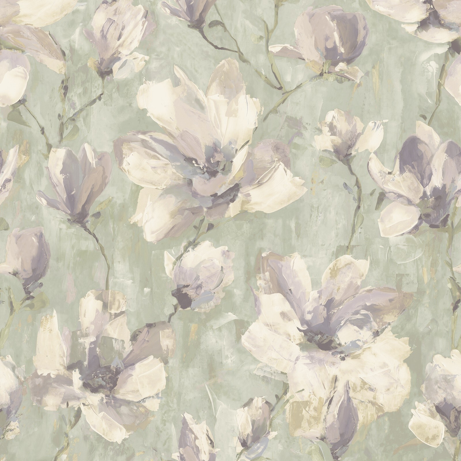 Sage Green Floral Wallpaper Grey Ivory Magnolia Flower Textured High Quality
