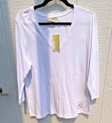 MICHAEL KORS white  3/4 Sleeve Gold Logo XL Top NWT