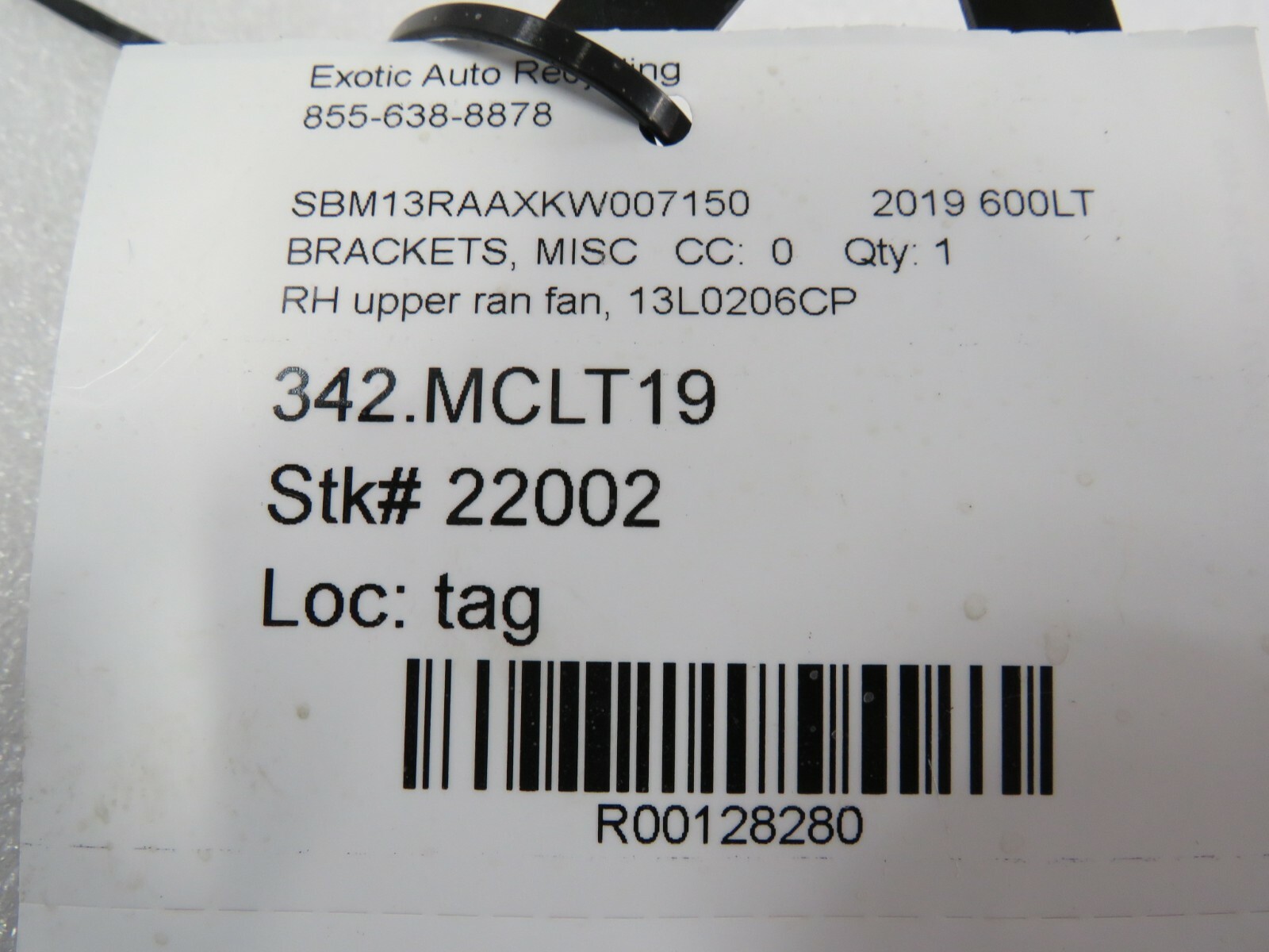 Mclaren 600LT, RH, Upper Radiator Fan Bracket, Used, P/N 13L0206CP