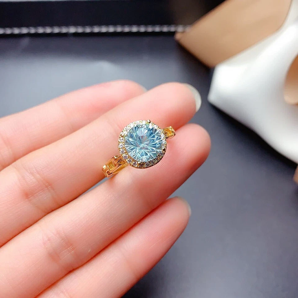 New 8mm Firework Cut Round Light Blue Topaz Gemstone Women Girl Gold Rings - Image 4 of 4