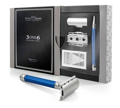 Edwin Jagger 3ONE6 DE Stainless Steel Safety Razor, Grooved, Anodised Blue, 1x P
