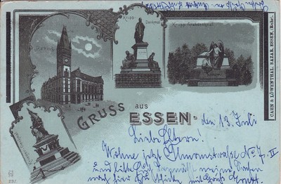 ancient litho postcard, greeting from Essen, various views 1899
