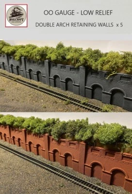 RAILCRAFT CREATIONS OO Gauge Double Arch Retaining Wall x 5 Suit Hornby Peco Grey Or Red Brick