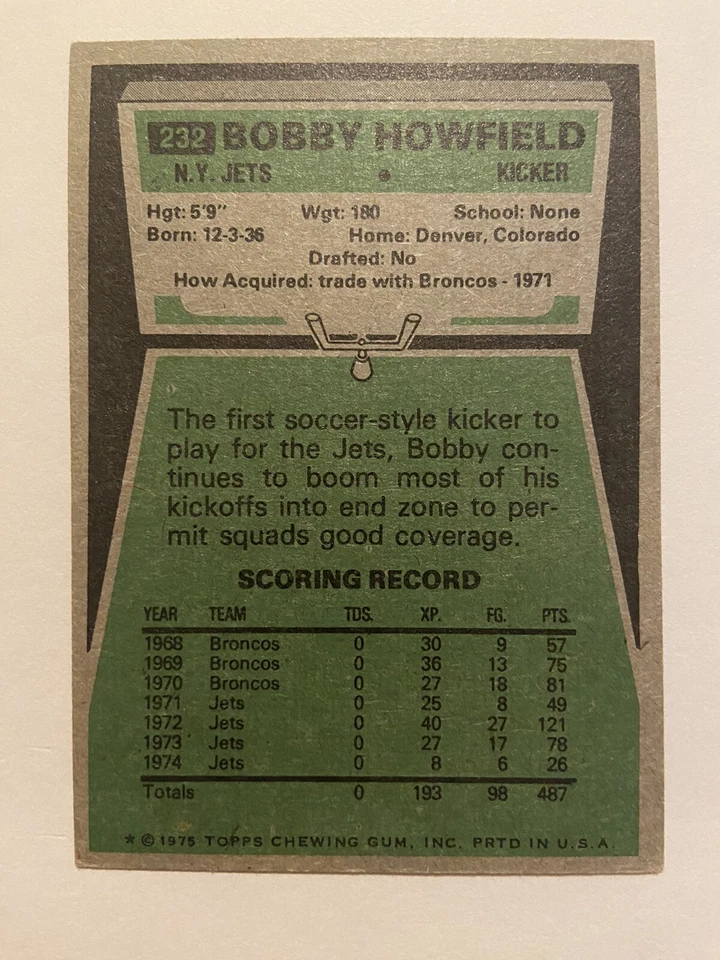 BOBBY HOWFIELD Hand Signed 1975 Topps #232 New York Jets Broncos Autograph Auto - Image 2 of 2