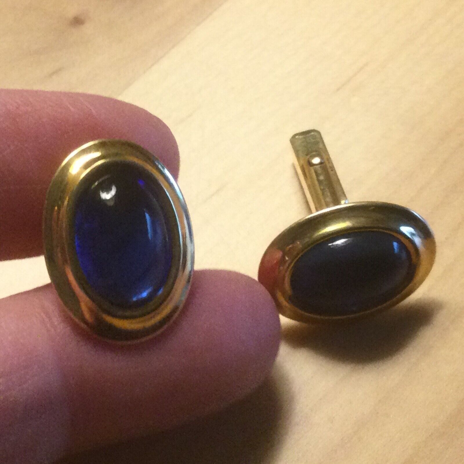 Vintage 60s Mens Cufflinks Faux Gold & Sapphire O… - image 3
