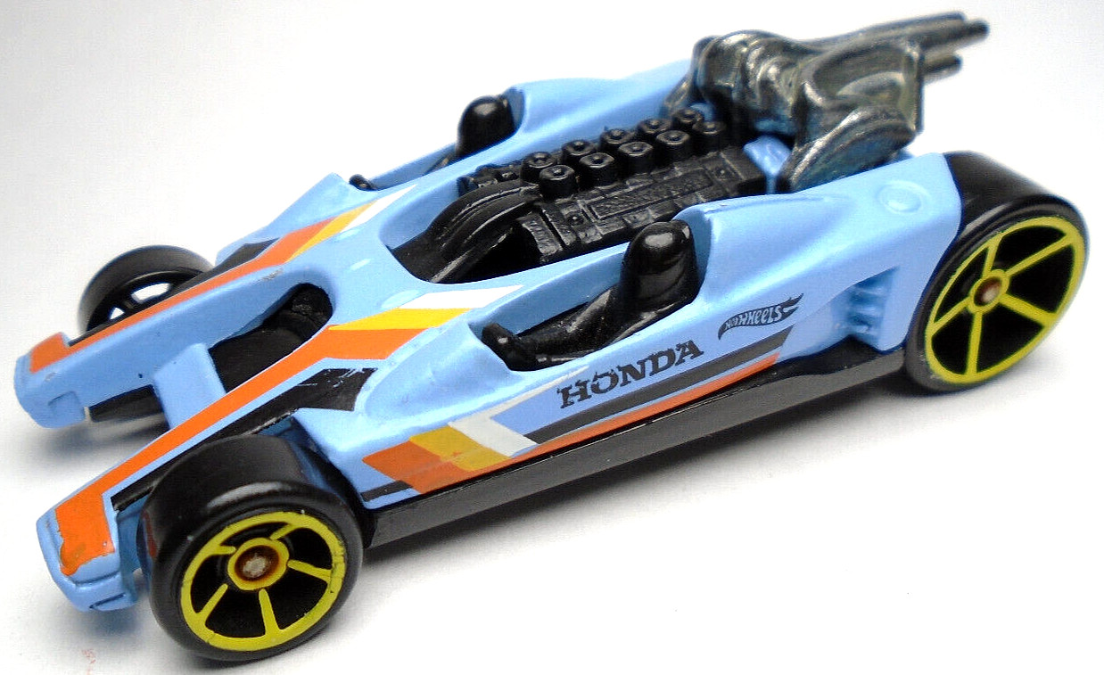 2015 HOT WHEELS HONDA RACER BLUE 1:64 DIECAST 2 3/4" RACE CAR W/ YELLOW & ORANGE