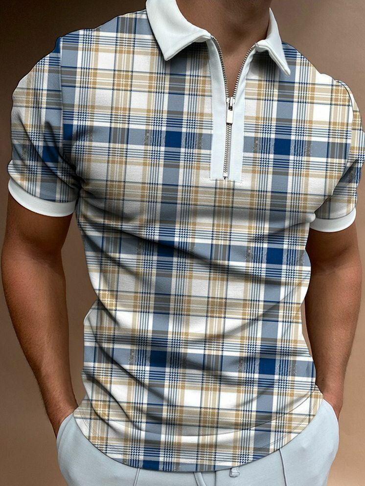 Polo Shirt Men Zipper Collar Fashion Plaid Yellow Blue Casual Golf Sport T Shirt-image