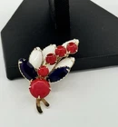 Vtg Red White Blue Brooch Rhinestone Milk Glass Patriotic Floral Pin Americana