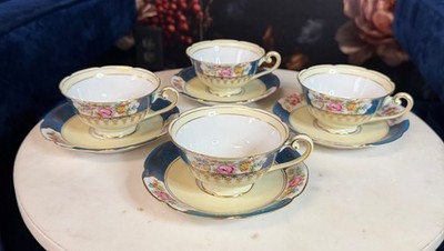 Vintage Noritake Japan Tea Set Cobalt Blue Roses Gold Trim Teapot 4 Cups