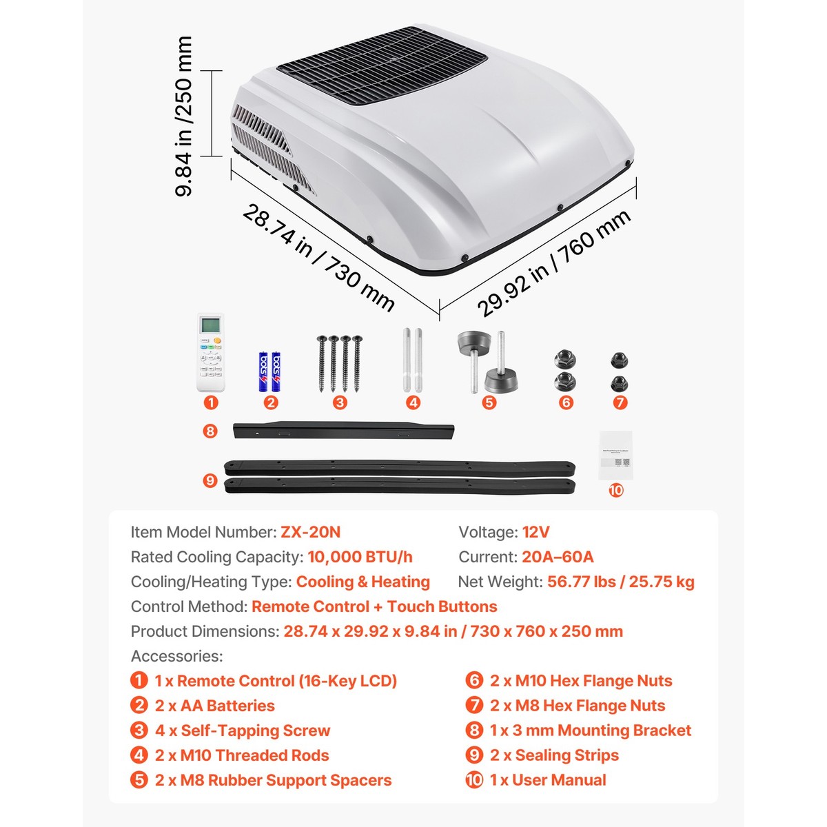 Uimoso 12V Rooftop Air Conditioner 10000 BTU Cooling/Heating for