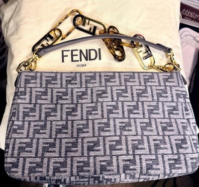 Fendi FF Logo Zucca Gray Baguette Shoulder Bag Chain Strap Zip w/ Dust Bag