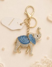 Bag Charm/Keyring-White/Turquoise Rhinestone Lucky Elephant Charm-Gold Hardware