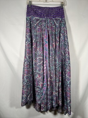 Silk Split Skirt Palazzos Purple Paisley Print Mirror Waistband Boho Gypsy Med