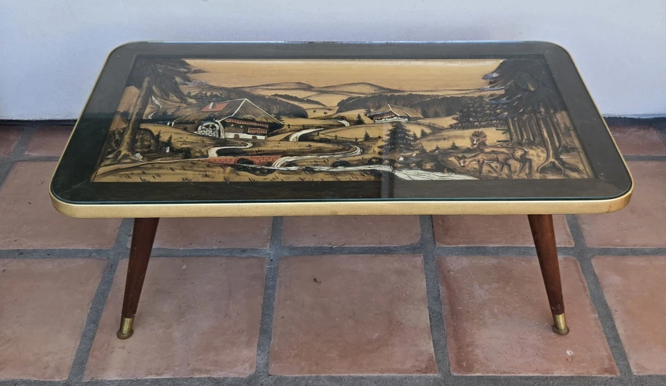 Vintage German Hand Carved Painted 3D Black Forest Chalet Coffee Table MCM - Image 3 of 4