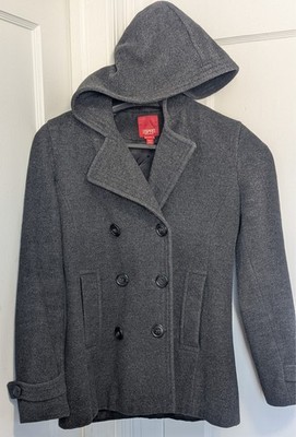 ESPIRIT Outerwear Women's DARK GRAY Hooded WOOL PEA COAT Double Breasted EUC!