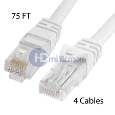 4x 75FT CAT6 Cable Ethernet Lan Network CAT 6 RJ45 Patch Cord Internet White