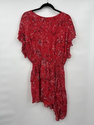 IRO Asymmetric Mini Dress Blame Red Printed Chiffon sz 36 Ruffles MSRP $465 EUC