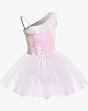 Girls White Iridescent Sequin One Shoulder Ballet Dance Tutu Leotard 9-10 Years