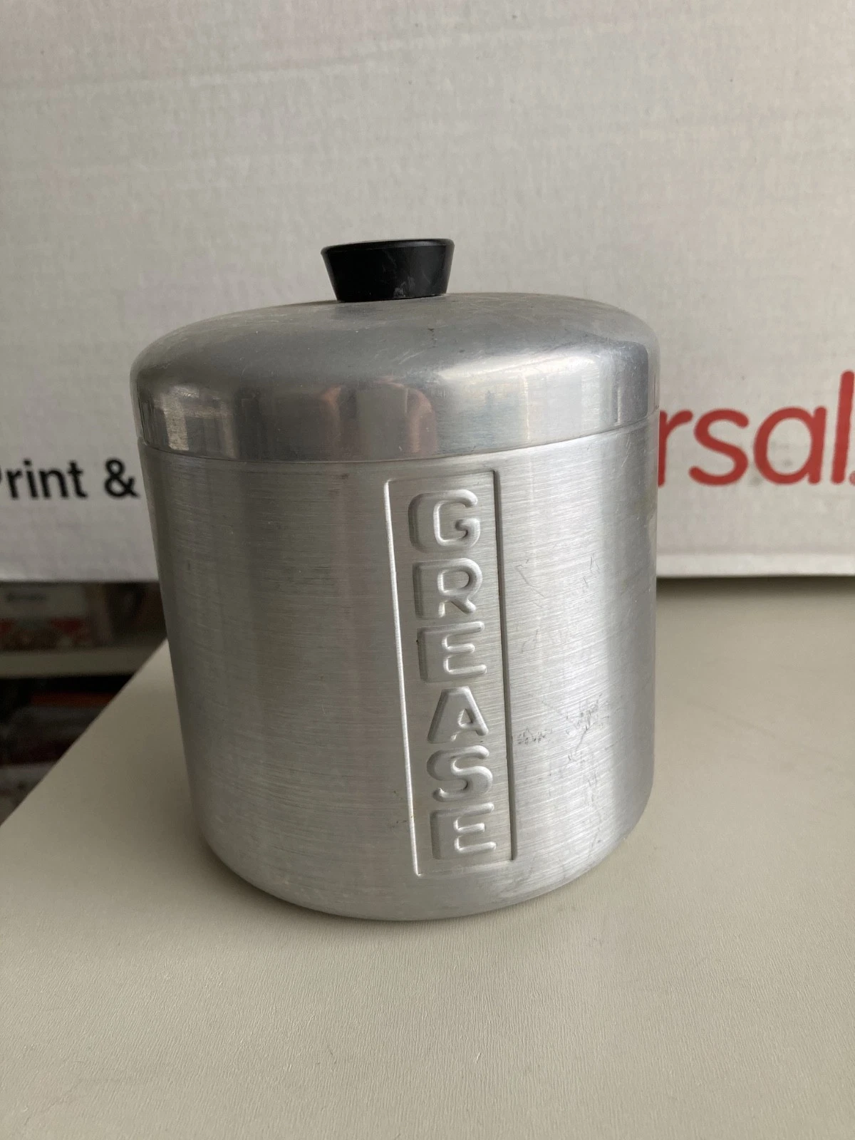 Vintage Aluminum Cooking Grease Bin Jar with Strainer & Lid