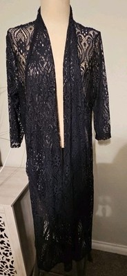 NWT Double Take 2X Black Lace Robe Open Cover-Up Stretch 3/4 Sleeves