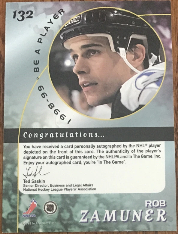 1998-99 Be A Player Autographs Rob Zamuner #132 Tampa Bay Lightning - Image 2 of 2