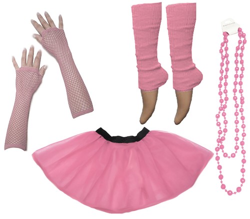 Neon UV Tutu Set Skirt Gloves Leg Warmers Beads Womens 80s Fancy Dress Costume - Picture 10 of 11