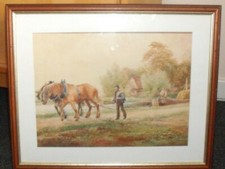 Naive Folk Art Victorian Antique Watercolour Painting Landscape Bargemen Horses