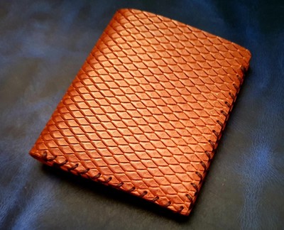  Slim Front Pocket Wallet.Cattle leather embossed python. Handmade. Brown/Beige.