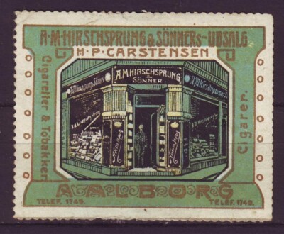 u1432/ Denmark Tobacco Poster Stamp Label # Aalborg Hirschsprung Store