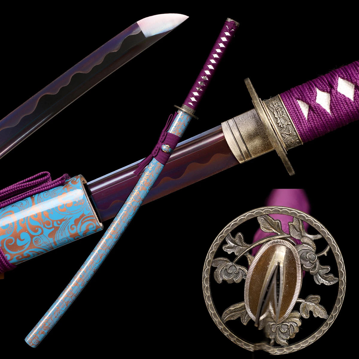 軍刀 素銅地石目 猪目透 刀装具四点 未使用 紫色