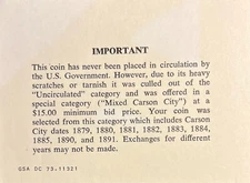 1879-1891 Carson City GSA COA Certificate - Mixed Unc Category - Important