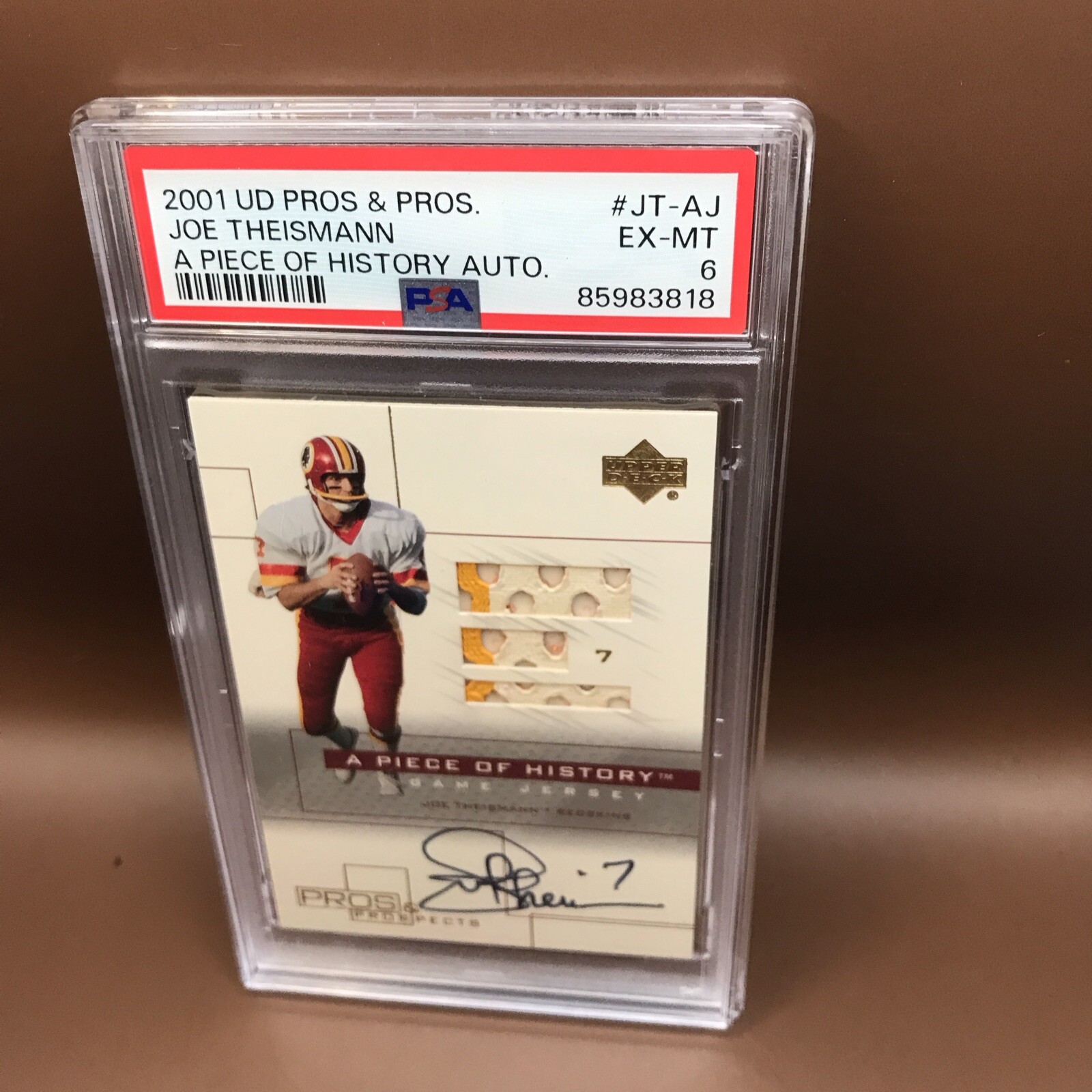Joe Theismann 2001 UD Pros & Prospects Piece Of History Jersey Auto #JT-AJ PSA 6 