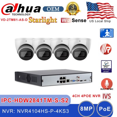 Dahua 4CH OEM 4K 8MP Starlight IR MIC IP Camera Security System Kit 4POE NVR Lot
