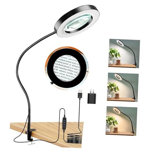 10X Magnifying Glass with LED Light and Clamp 4.2 Inch Black Lens